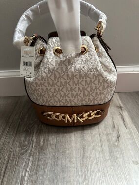 Michael Kors Cream/ Brown Signature Drawstring Bucket Bag with Gold Hardware